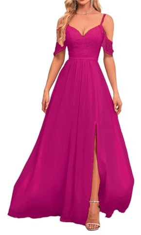 Vestidos largos de dama de honor con hombros descubiertos, vestido de noche formal de gasa para graduación, boda, fiesta para mujer, fucsia, 42
