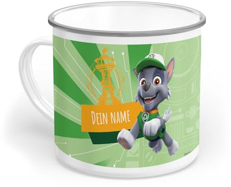PICANOVA PAW Patrol Kindertasse mit Name Rocky – Personalisierte Geschenke Kinder – Individuell Tasse Emaille 300 ml – Dauerhaft Paw Patrol Becher Ideal für Kinder