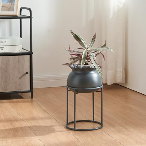 [en.casa] Soporte para Plantas Flores con 1 Macetero Extraíble Diseño Redondo Moderno Organizador de Macetas para Hogar y Oficina Portamacetas Metal 32xØ20 cm - Negro