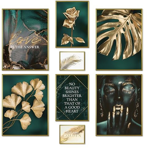 ARTFAVES® Poster Set - GOLDEN LEAVES - mehrteilige Wanddeko Wohnzimmer & Schlafzimmer - 8 moderne Wandbilder gold, türkis, Pflanzen, Blätter, Monstera - mit Rahmen Gold