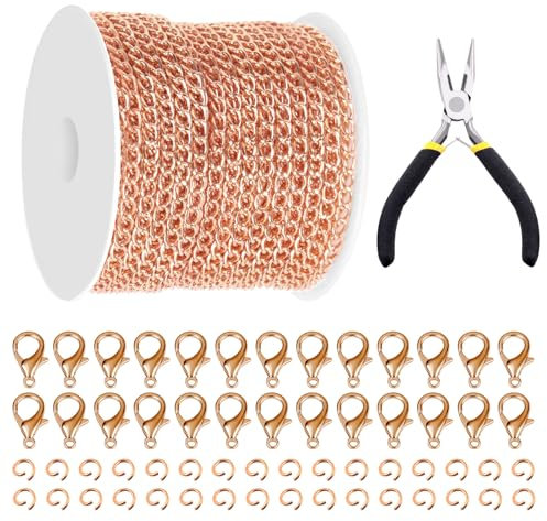 Glarks 102Pcs 30 Feet Jewelry Chains Set Rose Gold Cable Link Chains Link Rolls Bulk Twisted Links Chain Necklace Jewelry Making Chains with Lobster Clasps and Jump Rings for Necklace Jewelry Making