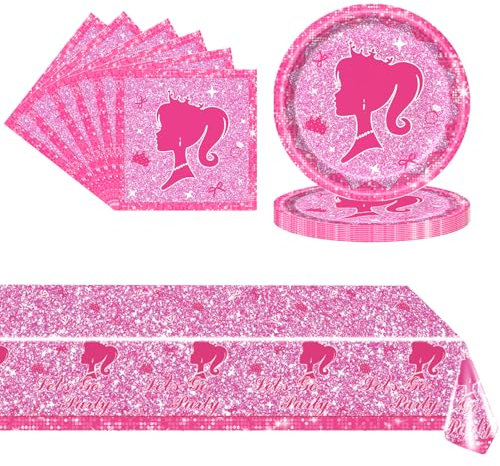 POPOYU 37Pcs Hot Pink Girls Birthday Party Onion Tableware Set, Princess Plates Napkins Set, Table Decorations for Kids Barbie Princess Fans