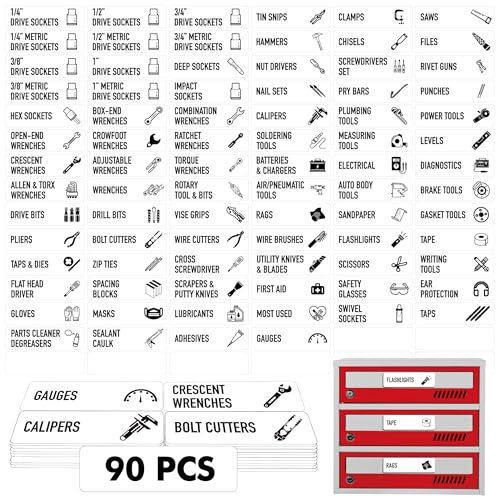 90 Stück Magnetische Werkzeugkasten-Etiketten, 82 Vorgefertigte & 8 Leere, Große Werkzeugkisten-Organizer-Etiketten, Starke Magnetkraft & Gut Lesbar für Alle Werkzeugkästen, Schubladen (Weiß)