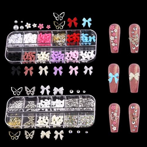 3D Bow Nail Charms, 2 Boxes Pearls Bowknot Flower Nail Jewels Nail Rhinestones Caviar Beads Nail Art Decorations for Nail Design DIY Crafting