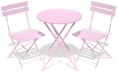 RELAX FIELD Folding Bistro Table and Chairs Set of 2, Balcony Furniture, Outdoor Garden Bistro Set for 2, Small Garden Furniture Set 3 Piece, Pink