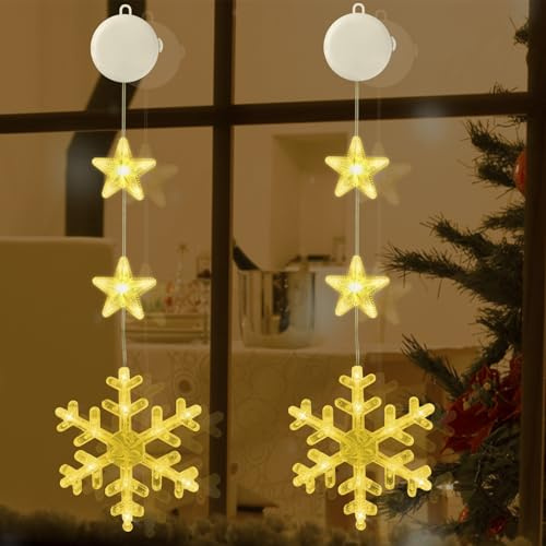 Jsdoin 2 Stück LED Schneeflocke Weihnachtsbeleuchtung, Weihnachtsdeko Fenster Innen Lichterkette, Timer, Batterie, für Geburtstag Hochzeit Party Weihnachten Deko(Warmweiß)