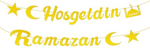 Hosgeldin Ramazan Banner, Ramadan Girlande Banner, Gold Glitzerndes Hosgeldin Ramazan Banner, Eid Party Hängen Dekoration, Ramadan Deko, für Home Garten Festival Party