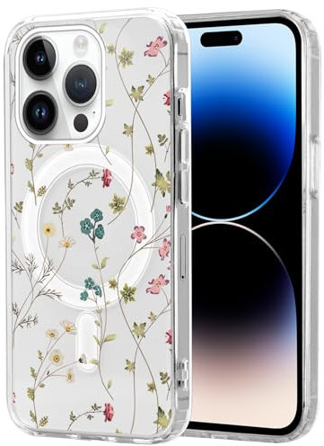 Foonary Magnetica Cover per Apple iPhone 14 Pro 6,1, Trasparente Custodia Aesthetic Fiori Donna Compatibile con MagSafe Ricarica Wireless,Silicone Antiurto Bumper Protettivo Case per iPhone 14 Pro,6