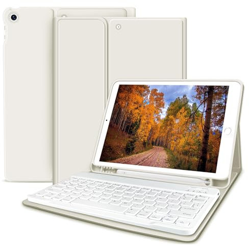 zoyu Keyboard Case for iPad 10.2 inch with Pencil Holder, Soft TPU Back Stand Cover with Magnetically Detachable Wireless Keyboard for iPad 9th/8th/7th Generation (2021/2020/2019), White Cream