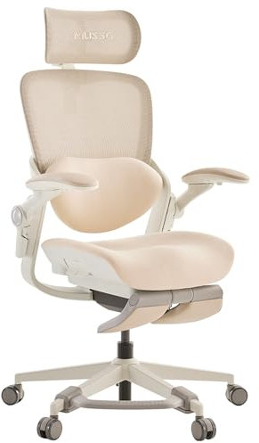 MUSSO E80 Muse FemmePosture™ Ergonomischer Bürostuhl für Frauen - 135° Neigung & 3D-Lendenstütze, 17cm 4D-Kopfstütze, ausziehbare Fußstütze, Sitztiefen-/Höhenverstellung, anpassbare Armlehnen (Beige)