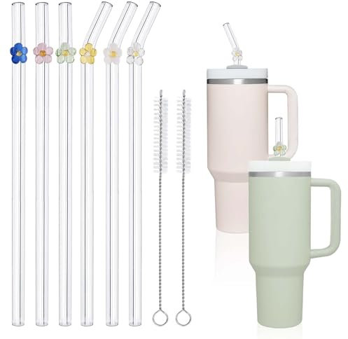 6 Pcs Glass Straws with 2 Cleaning Brushes for Stanley 40 oz 30 oz Tumbler, Cute Flower Glass Straws with Charms, Stanley Straw Replacement, Stanley Cup Accessories