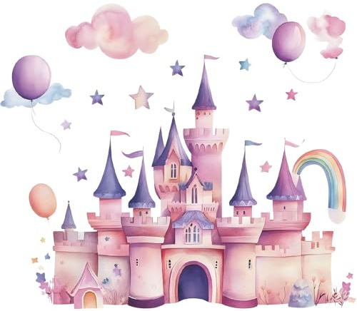 Wandtattoo Prinzessin Dreamy Pink Castle für Mädchenzimmer Cartoon PVC Wandaufkleber mit Luftballons Regenbogen Sterne Kinderzimmer Dekor Abnehmbare Wandkunst