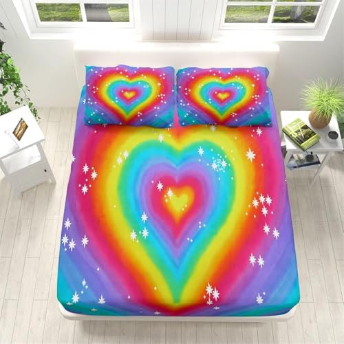 Bunt Spannbettlaken 160x200cm Herz Bettlaken 3D Erwachsener Spannbetttuch 160x200 Spannbetttücher Topper 30 cm höhe Weiche Mikrofaser mit 2 Kissenbezügen a.646