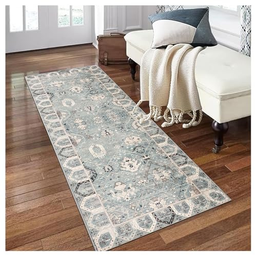 Siunwdiy Teppich Läufer Flur rutschfest Grau Blau 90x360cm Boho Waschbar Moderner Küchenläufer Lang Flurteppich für Wohnzimmer Schlafzimmer Korridor mit Ethnischem Ornament Meterware Anpassbar