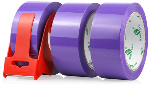BOMEI PACK 3 Rollen Paketklebeband Klebeband Packband Verpackungsband Kartonband 66mx48mm Lila Verpackungsmaterial für Pakete und Karton Packband mit mit Plastik Abroller in Profi-Qualität