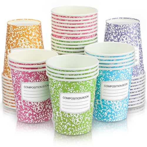 Jingmore 50 Pack Back to School Cups 9 oz Composition Book Paper Cups Disposable Funny Cold Hot Drinkware for First Day of School Party Tableware Supplies (Blue, Green, Orange, Purple, Pink)