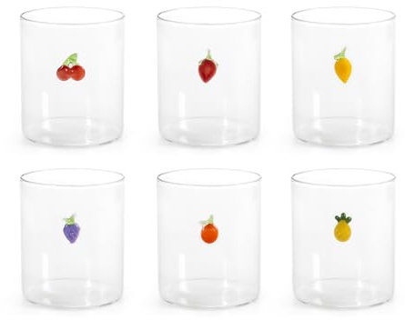 H&H – Set de 6 vasos de vidrio borosilicato 42 cl con aplicación de fruta en vidrio, aptos para lavavajillas, originales como marca sitios o regalo
