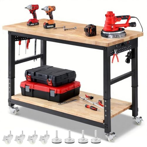 ENJOYWOOD 60 x 22cm Heavy Duty Rubberwood Rolling Workbench Garage Workbench Adjustable Height with Under Table Shelf, Side Pegboard, Power Outlets for