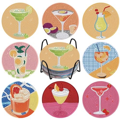 NAIMOER 8 Stück Weinglas Diamond Painting Untersetzer mit Halter, DIY Retro Cocktail Diamant Tassenuntersetzer, Diamant Painting Untersetzer für Erwachsene Kinder, Getränke Basteln Coasters