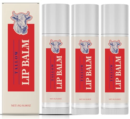 Tallow Lip Balm, Long-Time Nourish, Moisturizing Care for Dry, Chapped Lips, Lips Repair, Fading Fine Line, Natural, Softer Soothing, for Women & Men (3pcs)