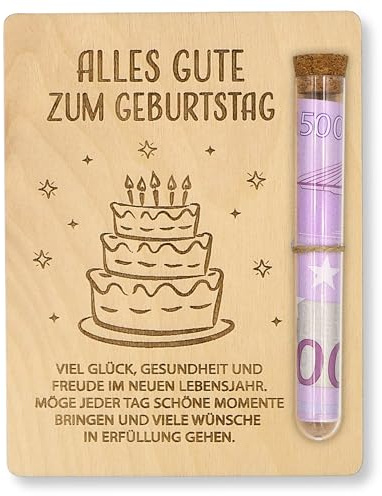 ZUKLA Verpackung für Geldgeschenke Geburtstag - 13 x 10 cm - mit Reagenzglas - Geldgeschenk Verpackung Holz - Geschenkgutschein