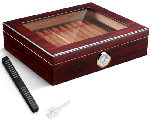 CIGARLOONG Zigarrenhumidor/Box aus spanischem Zedernholz, Zigarrenzubehör mit Befeuchter, Hygrometer und modernem Glasdeckel, Geschenk für Männer, fasst etwa 20–30 Zigarren(Mittel)