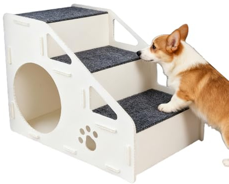 Qkbuza Katzenhaus mit Treppe, 42 x 32 x 32 cm, 4-stöckig, Katzenhaus Haustierrampe mit Stauraum, rutschfeste Haustiertreppe mit Spielzeugbox, Haustiertreppe für Katzen und kleine und mittelgroße Hunde