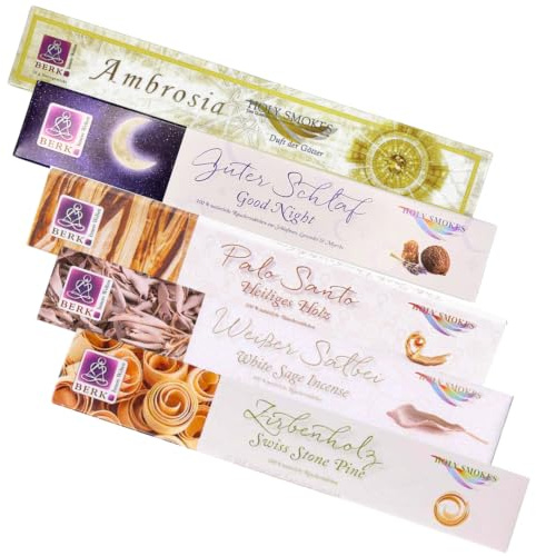 5er Mix Räucherstäbchen Set 5 Düfte - Beste Wahl - Palo Santo Weißer Salbei Maidalnüsse Ambrosia Zirbenholz - Holy Smokes Berk Bundle Vorratspack Incense – 5er Set
