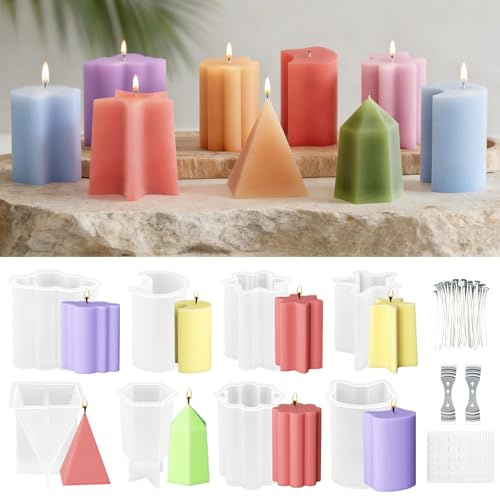 TZEKING 220PCS Moldes Siliconas Velas Set - 8 Moldes de Silicona para vela + 200 Mechas + 2 Soportes + 10 Pegatinas,para Hacer Velas,Decoración del Hogar,Manualidades