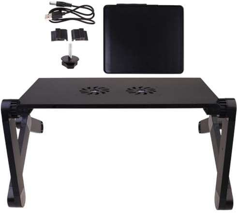 LALAFINA Adjustable Laptop Stand with Dual Fans and Mouse Board, Portable Folding Aluminium Alloy Laptop Holder for Desk and Book Tray Use, Black Metal Cooling Support Stand