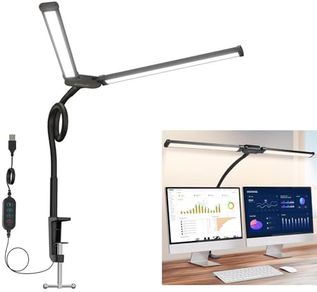 PULUZ Doppelkopf Schreibtischlampe mit Klemme, 24 Zoll Monitor Lichtleiste mit dimmbaren 3 Farben Temperaturen für Home Office, Augenschutz Schwanenhals Büro Tischlampe für Computer Lesen