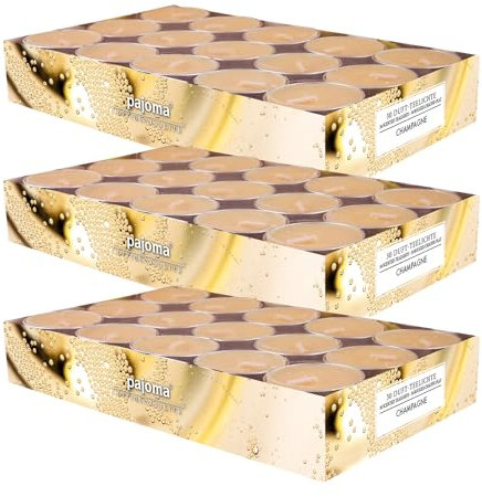 pajoma® Teelichte 3er Pack, Champagner | 90 Duft-Teelichte in Aluminiumhülle, Brenndauer ca. 4 Stunden - Höhe 1,5 cm ø 3,5 cm | Premium Qualität | Deko, Gastronomie, Outdoor, Windgläser, Hochzeit