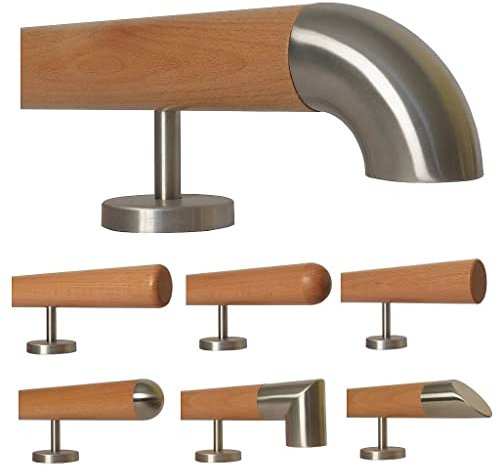 Buche Holz Treppe Handlauf Geländer Griff gerade Edelstahlhalter, Länge 30 - 500 cm aus einem Stück / zum Beispiel Länge 70 cm mit 2 gerade Halter - Enden = Edelstahlbogen
