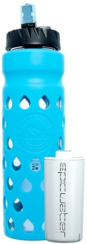 Epic Escape | Glass Water Bottle with Filter | USA Made Filter | Dishwasher Safe | Borosilicate Glass with Silicone Sleeve | BPA Free Water Bottle | Removes 99.99% Tap Water Contaminants | Filtered