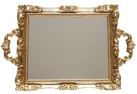 Yardwe Gold Vintage Antique Mirror Tray - Makeup, Jewelry, Decorative, Serving Tray - Rectangular, Glass & Resin - 26x26x5cm
