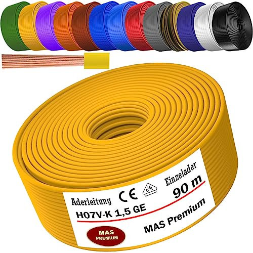 Von 5 bis 100m Aderleitung H07 V-K 1x1,5 mm² Schwarz, Hellblau, Grün/Gelb, Grün, Rot, Dunkelblau, Braun, Orange, Grau, Weiß, Violett, Ultramarinblau oder Gelb Einzelader flexibel (Gelb, 90m)