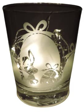 Lichtidee Teelicht Glas Windlicht Glas Trink Glas geätzt, Tischlicht Motiv Hase mit 4 Ei , Maritim, Natur, Handmade Unikat Liebe Ostern Muttertaggeschenk, Höhe 8cm,