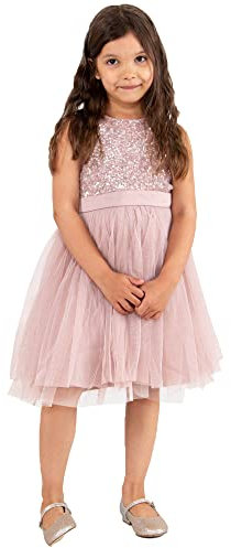 Maya Deluxe Midi Dress for Girls Sequins Embellished Party Tutu Bridesmaids Wedding with Belt Bow Vestito, Rosa Satinato, 9-10 Anni Bambine e Ragazze