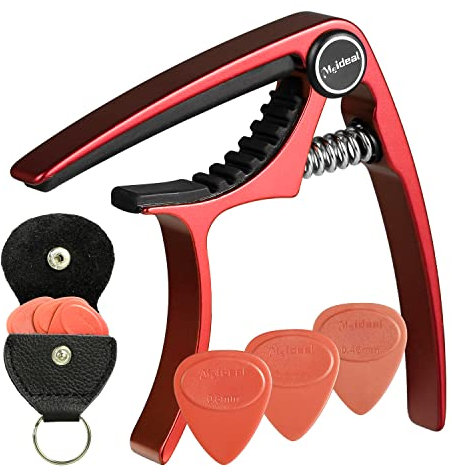 Guitar Capo, Meeland Purple Aluminium Guitar Capo Key Clamp for Acoustic Guitar/electric guitar/Ukulele/Bass With Guitar Picks and Leather Picks Holder and Bridge Pins Puller Included (Red)