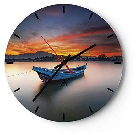Modern Wanduhr Westen Sonne Boot 40x40cm Rund Groß Wand Uhr Glas Analog Zimmeruhren Küche Büro Wohnzimmer Glasuhr Wall Clock Dekoration Design Wanddekoration Küchenuhr C3AR40x40-4791