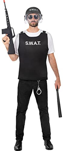 Funidelia | Chaleco de SWAT para hombre Guardia, Agente, FBI, Profesiones - Disfraz para adultos y divertidos accesorios para Fiestas, Carnaval y Halloween - Negro