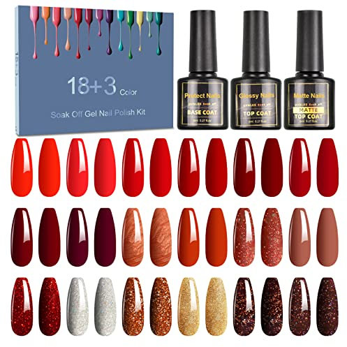 SHOWNAIL 21 Pcs Pintauñas Semipermanentes, 18 Colores Esmalte Semipermanente Gel UV LED con Base, Top y Mate Coat, Esmaltes Semipermanentes para Uñas Shimmer Rojo Navidad Egalos de Año Nuevo