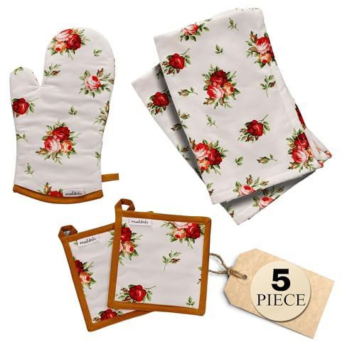 Muldale Floral Oven Mitt and Pot Holders Set - Kitchen Towels and Mittens - 5 Pack - Vintage Kitchen Decor - Kitchen Textile Linen Sets - Soft and Absorbent - Royal Albert Rose Design