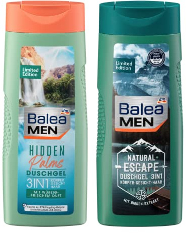 Balea MEN 2er-Set Körperpflege: Duschgel HIDDEN PALMS mit würzig-frischem Duft (300 ml) + Duschgel NATURAL ESCAPE mit Birkenextrakt (300 ml), 600 ml (Limited Edition) für Körper, Gesicht und Haar