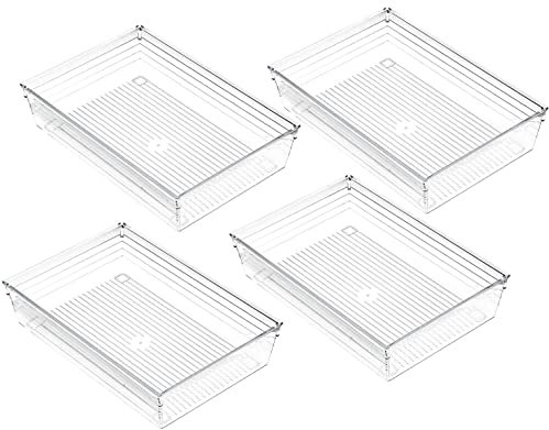 4 Pcs Clear Plastic Drawer Organiser Trays Desk Versatile Kitchen Drawer Organiser Storage Tray for Makeup Bedroom Office, Wide Size.