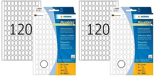 HERMA 10600 Etiketten ablösbar, 32 Blatt, 8 x 12 mm, 120 pro Bogen, 3840 Aufkleber, selbstklebend, Vielzweck Klebeetiketten zum Beschriften, Universal Haftetiketten aus Papier, blanko (Packung mit 2)