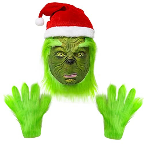 Claofoc Grinch Maske und Handschuhe Weihnachtsmütze Grinch Kostüm Maske Weihnachten Cosplay Latex Kopfmaske für Erwachsene
