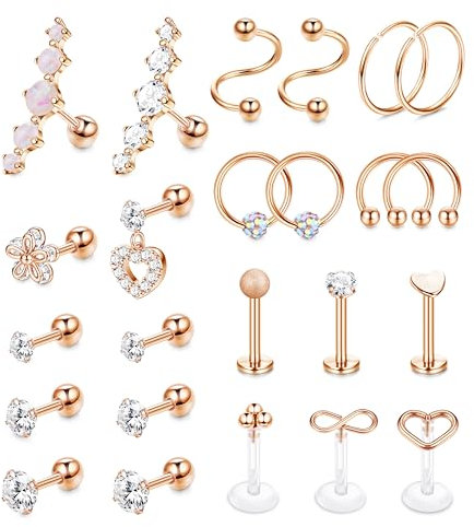 Chriscoco 24Pcs 16G Piercing Tragus Acier Chirurgical Oreille Cartilage Labret Nez Anneaux Septum Boucles d'Oreilles Femme Or Rose Helix