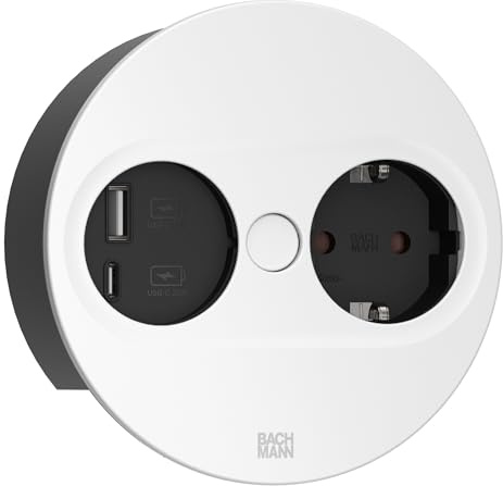 BACHMANN Einbausteckdose Twist 2 Rund 1x Steckdose mit USB A und USB C 2m Kabel Tischsteckdose für Küche und Büro Weiß 946.204 (mit automatische Öffnung und Anti-Fingerprint Beschichtung
