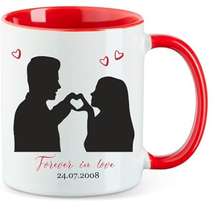 minimutz Tasse mit Spruch Forever in Love Paar – Personalisiert mit Datum – Kaffeetasse Liebe Verliebte Paare – Geschenk für Sie Ihn Partner Valentinstag - Keramik rot 330 ml